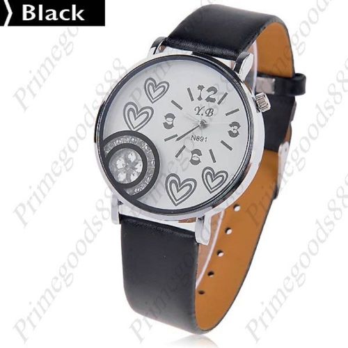 Hearts flower rhinestone synthetic leather quartz wrist wristwatch women&#039;s black for sale