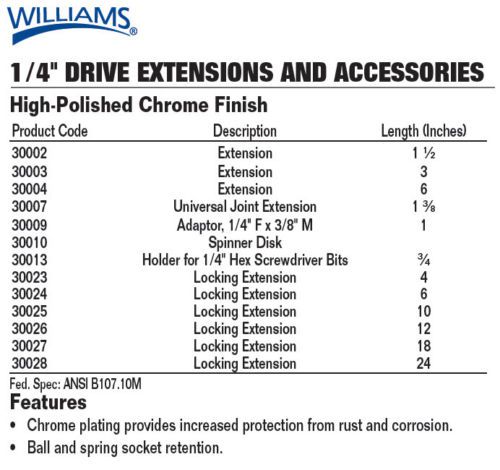 Williams 1/4-Inch Drive Socket Extension, 6-Inch, Chrome, #30004