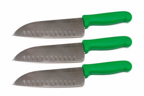 3 columbia cutlery 7.5&#034; santoku kitchen knives - green handles - new and sharp! for sale