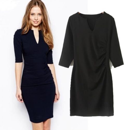 Slim V-neck folds solid career base skirt skirt dress