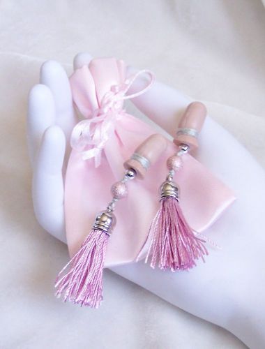 Silky mauve pink &amp; silver tassels beads sound reduction ear plugs and satin bag for sale