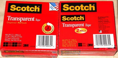 Lot of 4 Rolls Scotch® Premium Transparent Tape 600, 1/2&#034; x 2592&#034; Core 3&#034; Free S