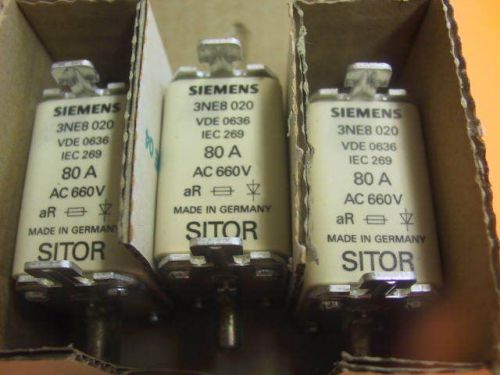 New Box Of ( 3 ) 80 Amp 660 Volts Siemens 3NE8020 Fuse Links   3NE8 020