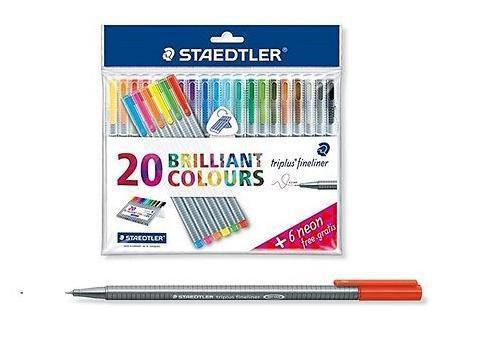 Staedtler triplus fineliner 0.3mm set 20 brilliant colour pens free 6 neon. for sale