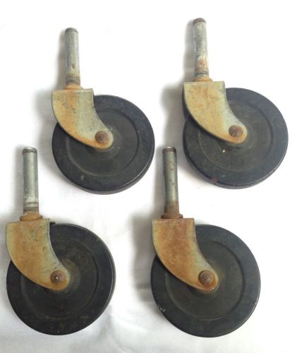 Lot 4 Vintage CASTER 3&#034; WHEELS Swivel STEEL HARD RUBBER Steam Punk Salvage