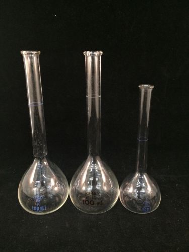 Lot of 3 kimax volumetric glass flasks - (2) 100ml 6-3/4&#034; &amp; 50ml 5-1/2&#034; for sale