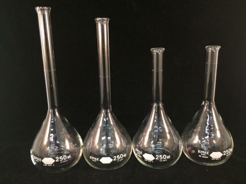 Lot of 4 kimax 250ml volumetric glass flasks - 8-3/4&#034;, 9-1/2&#034; &amp; (2) 7&#034; for sale