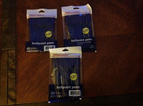 Lot of 3 Office Depot Ballpoint Pens No Skip 1mm M point - Total 30 blue pens