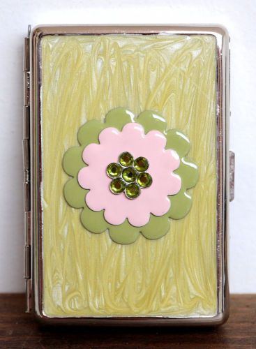 ELEGANT METAL STEEL GREEN FLOWER ENAMEL BUSINESS CARD HOLDER CASE BOX 4x2.5&#034;x3/4