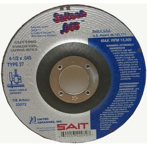 Sait 22072 4-1/2X.045X7/8 Saitech .045 Stainless/Metal Cutting Wheel |Pkg.50