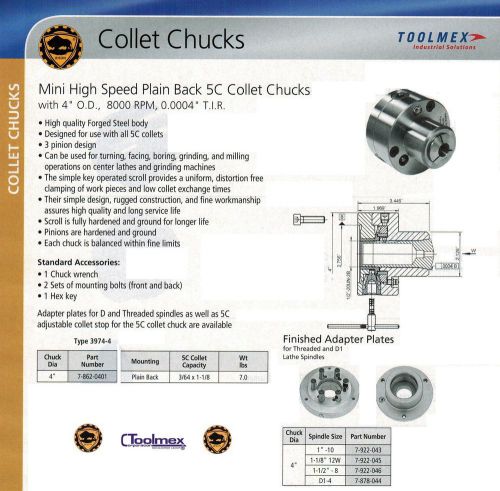 NEW MINI 5C Bison Lathe Collet Chuck BACK PLATE INCLUDED 4&#034; Diameter High Speed