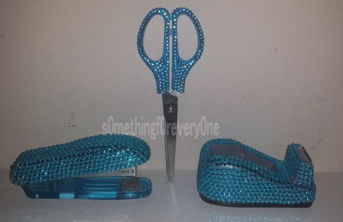 BLING BLUE RHINESTONE DESK SET STAPLER TAPE DISPENSER &amp; SCISSORS