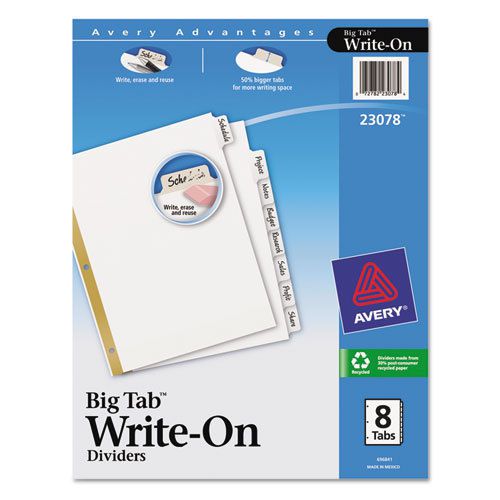 Big Tab Write-On Dividers w/Erasable Laminated Tabs, White, Set of 8