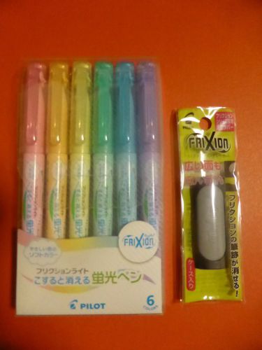 Pilot FriXion Light Soft Color Highlighter 6 Color set +FriXion Eraser Gray