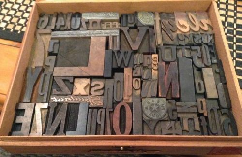 Antique Wood Letters Collage Graphic Design Mix Fonts &amp; Cuts In A Wood Box