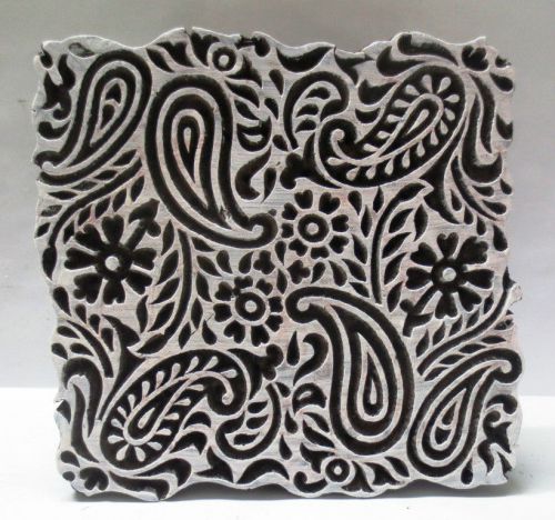 Vintage wood hand carved textile printing fabric block stamp deep groove paisley for sale