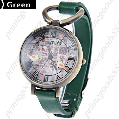 3D Birds PU Leather Quartz Analog Wrist Lady Ladies Wristwatch Women&#039;s Green