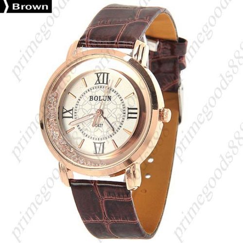 Loose rhinestones pu leather analog quartz wrist wristwatch women&#039;s brown for sale