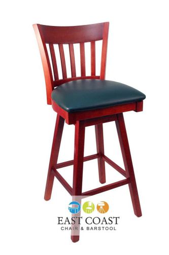 New Gladiator Cherry Vertical Back Wooden Swivel Bar Stool with Green Vinyl Seat