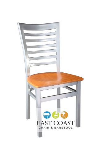 New Gladiator Silver Full Ladder Back Metal Restaurant Chair w/ Cherry Wood Seat