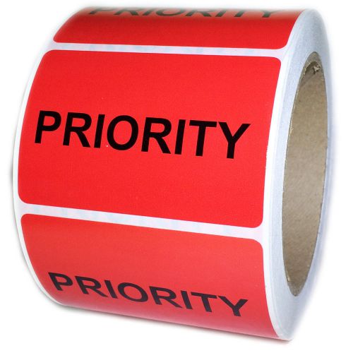 Glossy Red &#034;Priority&#034; Labels Stickers - 3&#034; by 2&#034; - 500 ct Roll