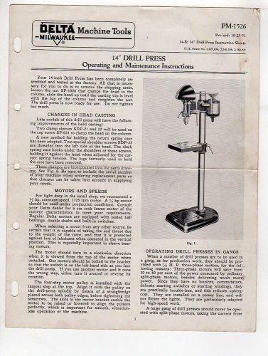 Delta Machine Tools Milwaukee 14&#034; Drill Press Instructions 10-25-51 7pgs