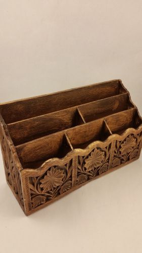 Vintage Wood Desk Organizer Faux Lerner Carved Floral Leaves 12&#034; x 5&#034; x 11.75&#034;