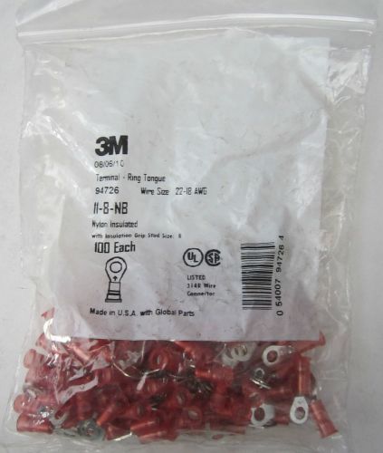 New 100 pack 3m 94726 nylon insulated ring terminal 22-18 awg red stud size #8 for sale