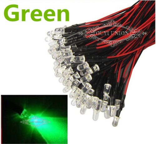 New 5PCS Prewired LED 3mm Lamp 12V Bright Green Light 20cm 25 Degree Pre wired