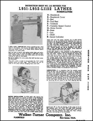 Walker-Turner L951-L952-L1152 Wood Lathe Manual