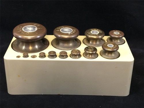 Vintage ohaus open block w/ 11 brass weights 2 gram to 1 kilogram for sale