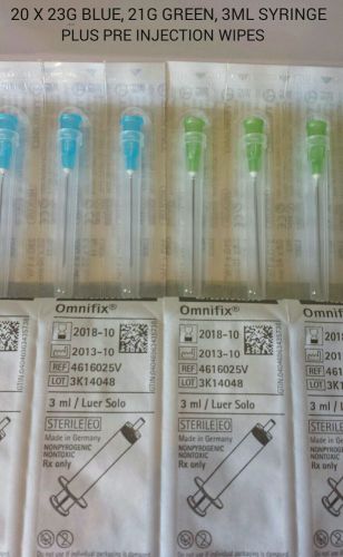 Full set Hypodermic 3ml syringes &amp; 1.5&#034; greens , 1.25&#034; blues plus wipes x 20