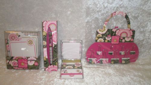 VERA BRADLEY DESK OFFICE SET OLIVIA PINK PEN NOTES STICKIES BINDER CLIPS  NWT