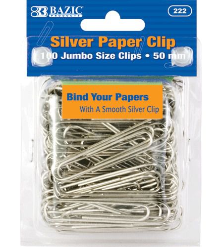 Bazic jumbo (50mm) silver paper clip (100/pack), case of 24 for sale