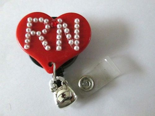 RN PEARL LETTERS HEART ID BADGE RETRACTABLE REEL WITH PURSE,MEDICAL,NURSE,ER