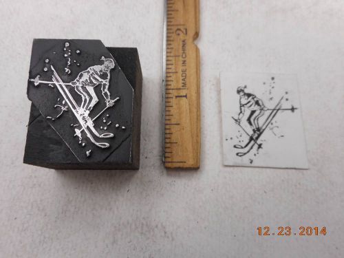 Letterpress Printing Printers Block, Snow Skiing Man w Skis &amp; Poles