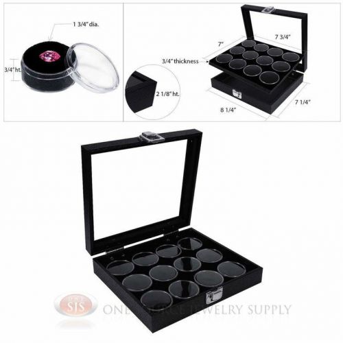 Black 12 Gem Jar Insert w/ Glass Top Display Case Gemstone Storage Jewelry