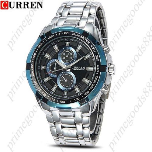 Silver Stainless Steel Quartz Analog Wrist Free Shipping Men&#039;s Wristwatch Blue