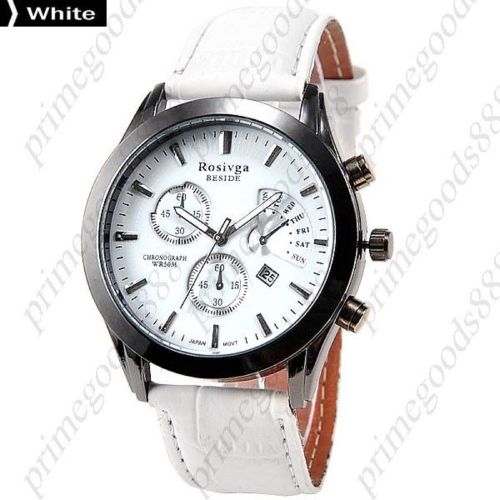 Genuine Leather Band Analog Quartz 3 False Sub Dials Men&#039;s Wristwatch White