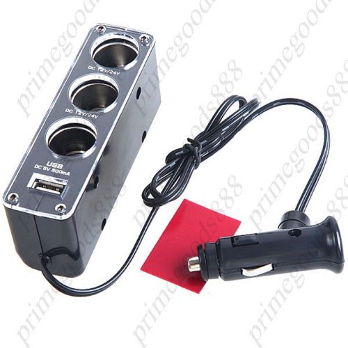 Black Three Way Car Cigarette Lighter Socket Splitter USB Port for Cellphone