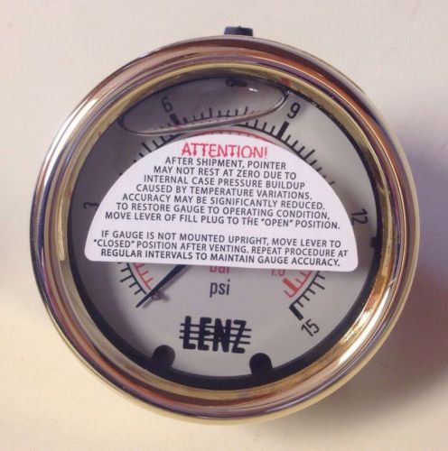 NEW IN BOX LENZ 0- 15 PSI PRESSURE GAUGE LIQUID FACE BAC-15-25RC