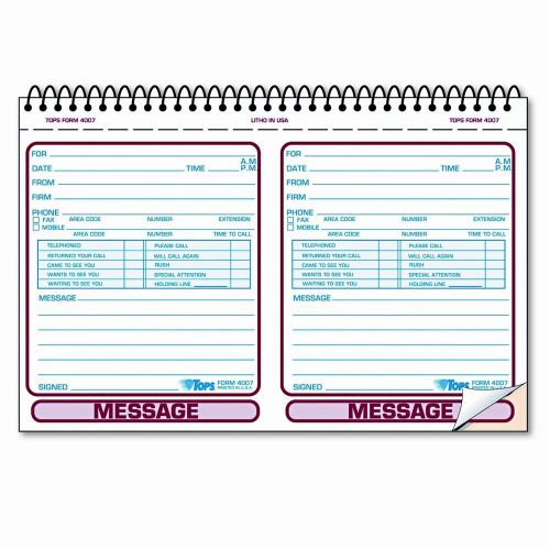 Spiralbound Message Book, Carbonless Duplicate, 200 Sets/Book