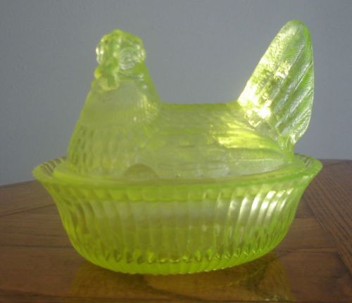 Yellow Glass hen chicken on nest dish rooster  Degenhart  EASTER gift vintage