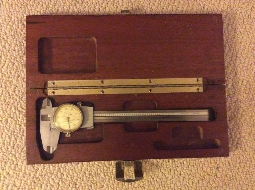 Dial vernier caliper, 6 inch, brown &amp; sharpe swiss harden stainless steel &amp; case for sale