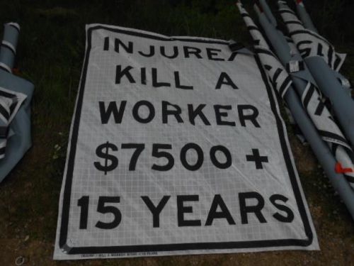 Nos eastern vinyl roll-up street safety sign *injure kill a worker 7500* 59x47 for sale