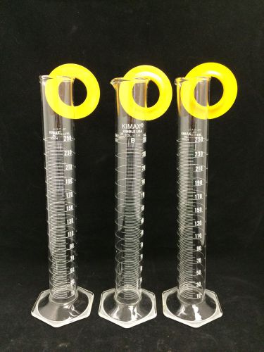 Lot of 3 kimble kimax 250ml blue graduated cylinders #20024 new! for sale