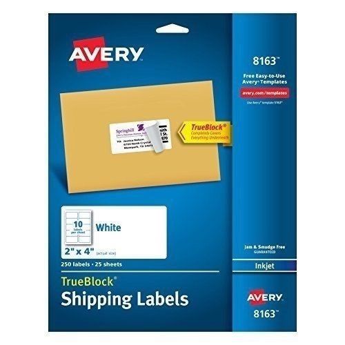 Avery 8163 White Shipping Labels for Inkjet Printers, 2&#034; x 4&#034;, 250 Labels/Pack