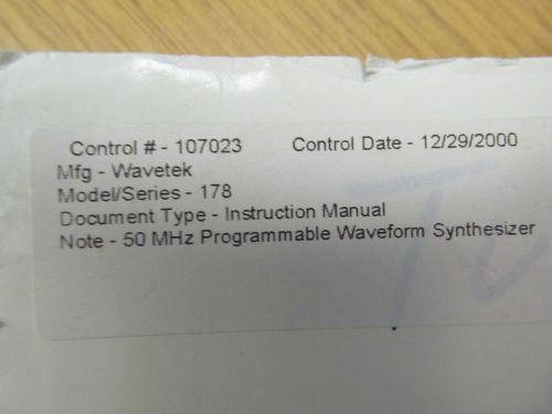 WAVETEK 178 50 MHz Programmable Waveform Synthesizer Instr Man w schema Rev 1/82