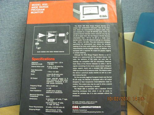 CBS MANUAL 600: Wide Range Program Monitor - Marketing Specification Sheet 18269