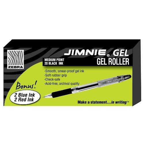 Zebra Pen Jimnie Rollerball Gel, 20 black, 2 red, 2 blue, Pens (14410)